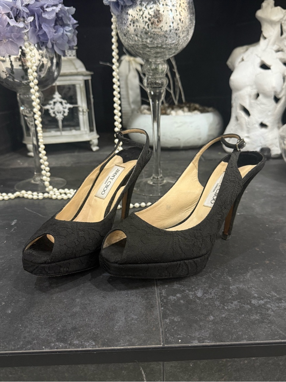 Jimmy Choo Black Lace Peep-Toe Slingback Platform Heels